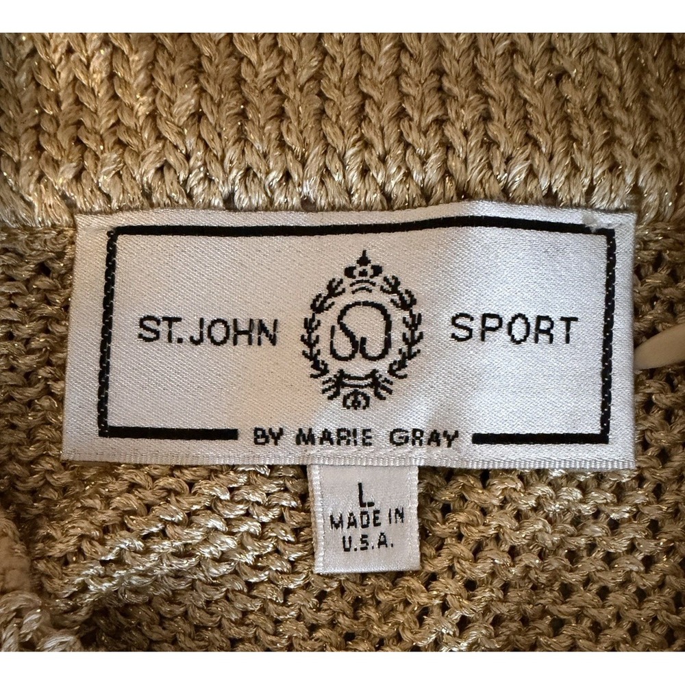 ST JOHN Marie Gray Santana Knit Gold Metallic Paillettes Top Large USA Luxury - Picture 3 of 10
